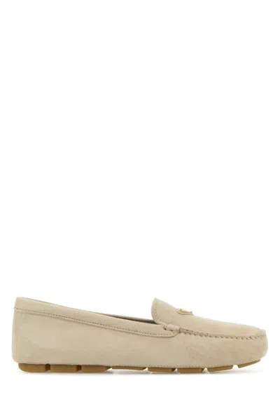 Prada Suede Loafers With Round Toe And Rubber Sole In Beige