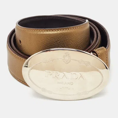 Pre-owned Prada Logo 85cm Metallic Gold Leather Buckle Belt