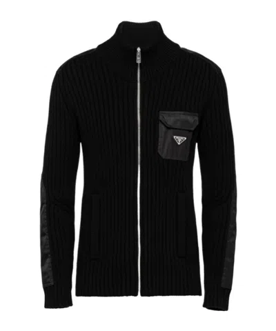 Prada Wool And Cashmere Cardigan With Re-nylon Details In Black