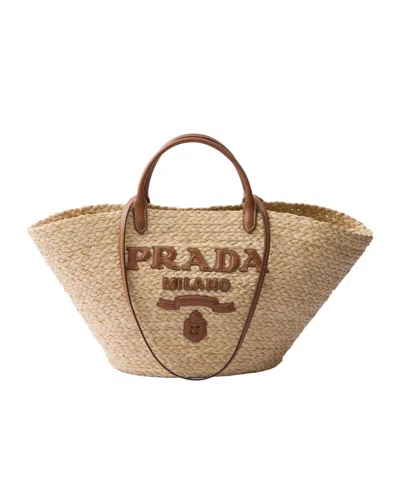 Prada Large Woven Fabric And Leather Tote Bag In Nude