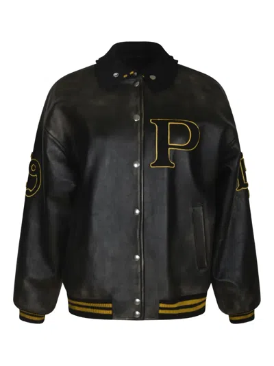 Prada Logo-appliqué Leather Bomber Jacket In Black