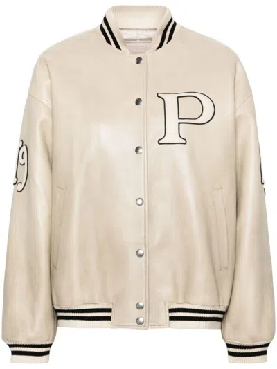 Prada Logo Appliqué Leather Bomber Jacket In Beige