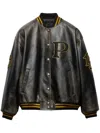 Prada Leather Bomber Jacket With Patch In Black