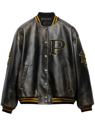 PRADA LOGO-APPLIQUÉ LEATHER BOMBER JACKET