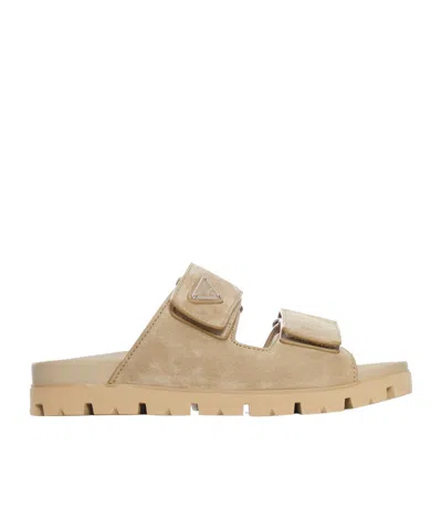 Prada Logo-appliqué Sandals In Neutral