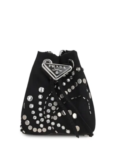 Prada Logo Plaque Studded Bucket Bag In Black