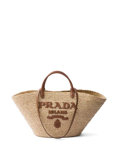 Prada Large Woven Raffia Tote Bag With Leather Trim In Brown