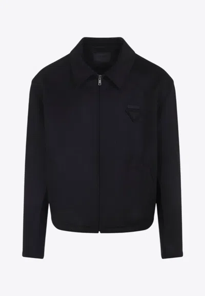 Prada Logo-applique Zip-up Overshirt In Black