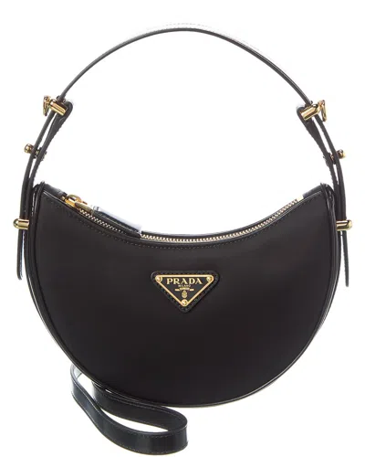 Prada Logo Arque Mini Nylon & Leather Hobo Bag In Black