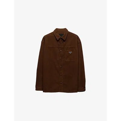 Prada Mens Brown Logo-badge Relaxed-fit Corduroy Cotton Shirt