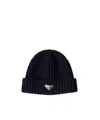 Prada Dark Blue Wool Beanie Hat In Brown