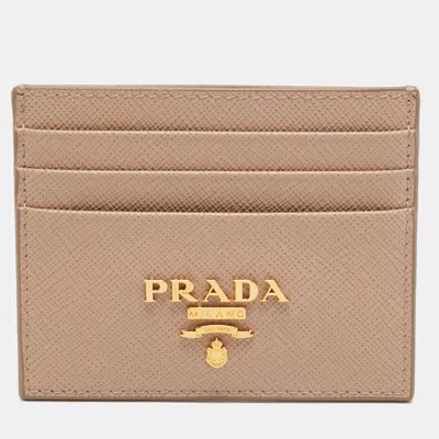 Pre-owned Prada Logo Beige Saffiano Leather Card Holder In Sand