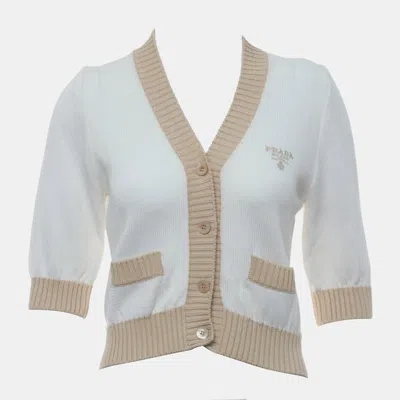 Pre-owned Prada Logo Beige/white Cotton Short Sleeve Knit Cardigan Size S