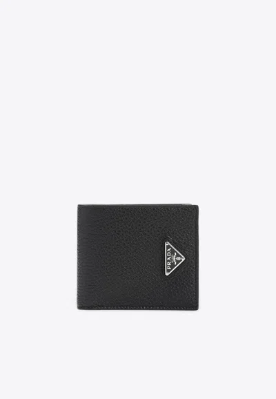 Prada Logo Bi-fold Leather Wallet In Black