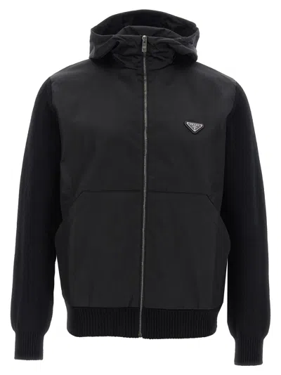 Prada Logo Bimaterial Cardigan Sweaters And Cardigans Black