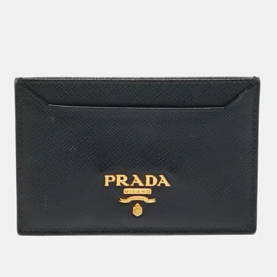 Pre-owned Prada Logo Black Saffiano Lux Leather Card Holder