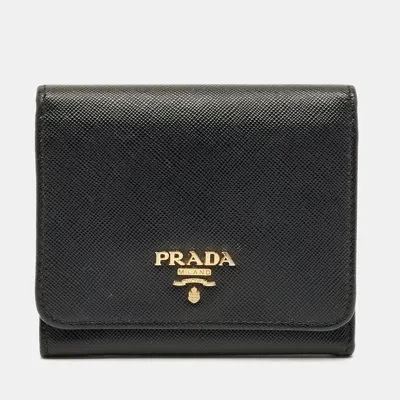 Pre-owned Prada Logo Black Saffiano Metal Leather Trifold Wallet