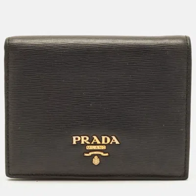 Pre-owned Prada Logo Black Vitello Move Leather Bifold Wallet