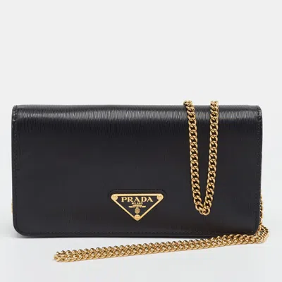 Pre-owned Prada Logo Black Vitello Move Leather Wallet On Chain