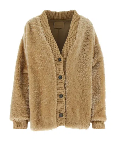 Prada Camel Wool Blend Cardigan In Brown