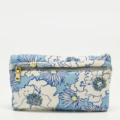 Pre-owned Prada Logo Blue/white Floral Fabric Zip Pouch