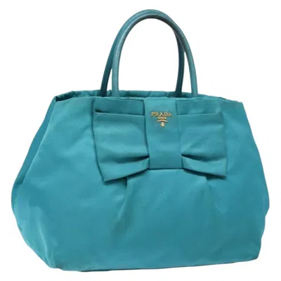 Pre-owned Prada Logo Bow Tote Tessuto With Leather Nylon Bag () In Blue