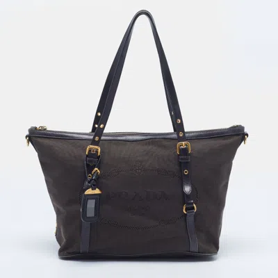 Pre-owned Prada Logo Brown/black Canvas Zip Shopper Tote