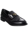 Prada Leather Loafers With Decorative Buckle And Round Toe In Black