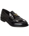 Prada Leather Loafers With Decorative Buckle And Round Toe In Black