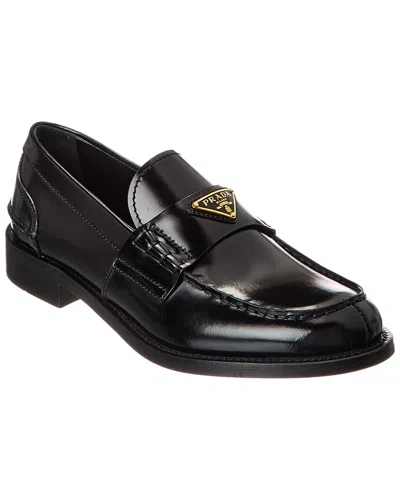 Prada Leather Loafers With Decorative Buckle And Round Toe In Black