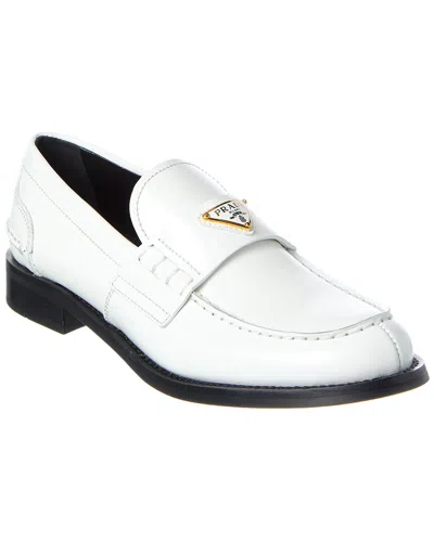 Prada Triangle Logo Brushed Leather Loafers In White