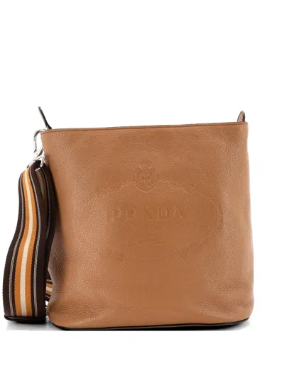 Pre-owned Prada Logo Bucket Messenger Bag Vitello Phenix Small Crossbody Bag In Brown