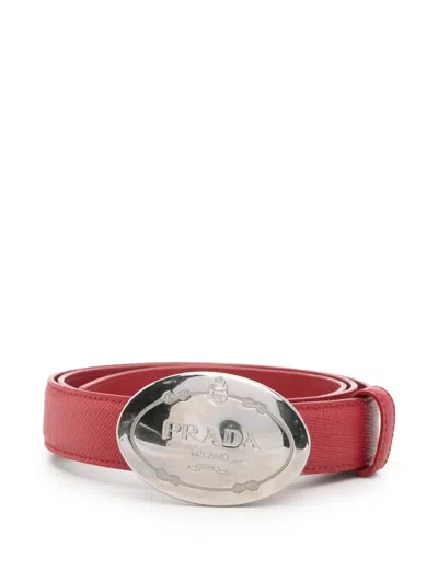 Prada Oval Engraved Buckle Leather Slim Belt In Pink