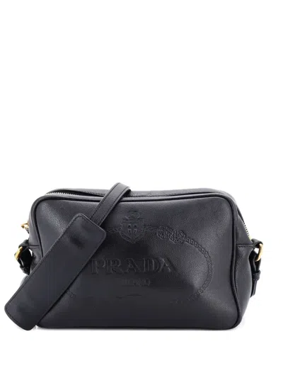 Pre-owned Prada Logo Camera Bag Embossed Leather Small Crossbody Bag In Black
