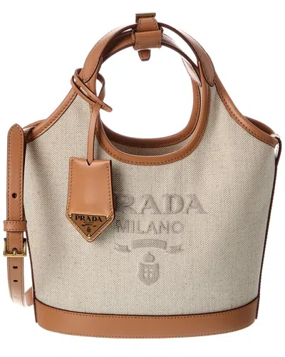 Prada Logo Canvas & Leather Tote In Brown