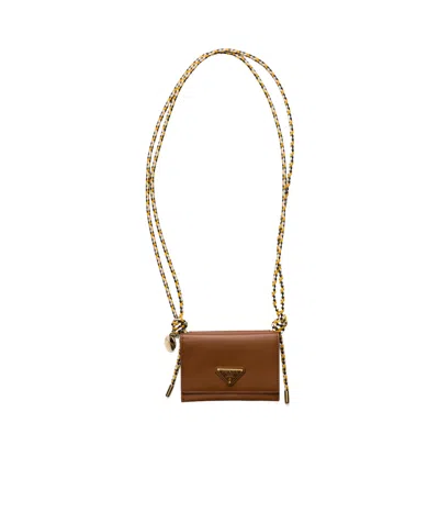 Prada Card Holder With Leather Shoulder Strap In Brown