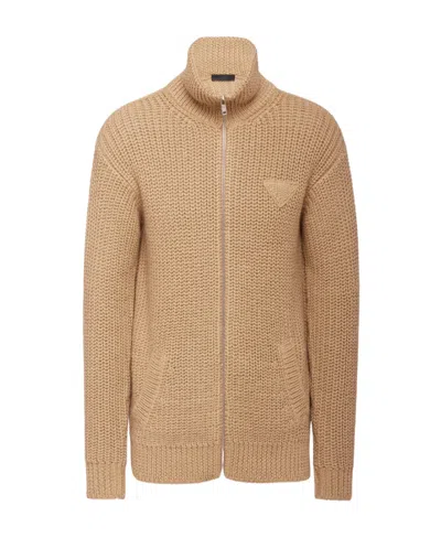 Prada Logo Cardigan In Camel Brown