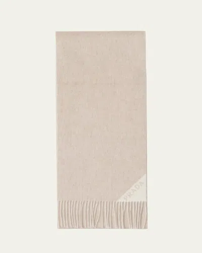 Prada Logo Cashmere Fringe Scarf In F0x27 Sabbia Talco