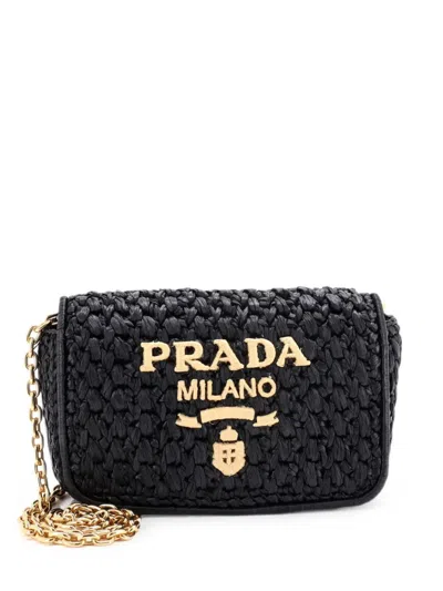 Pre-owned Prada Logo Chain Flap Raffia Mini Shoulder Bag In Black