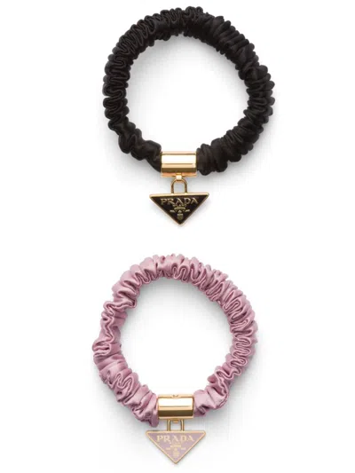 PRADA LOGO-CHARM SATIN HAIR TIE (SET OF TWO)