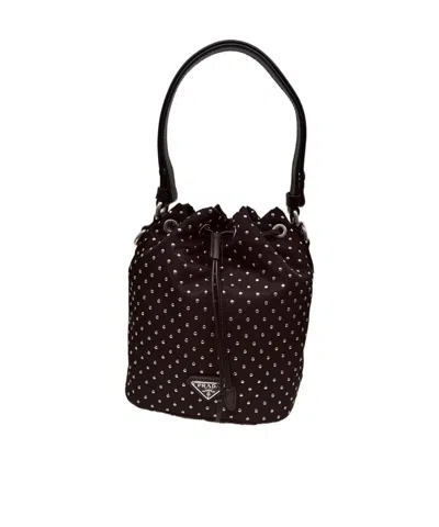 Prada Re-nylon Stud-embellished Drawstring Bucket Bag In Black