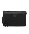 Prada Mens Black Logo-plaque Saffiano-leather Pouch In Black