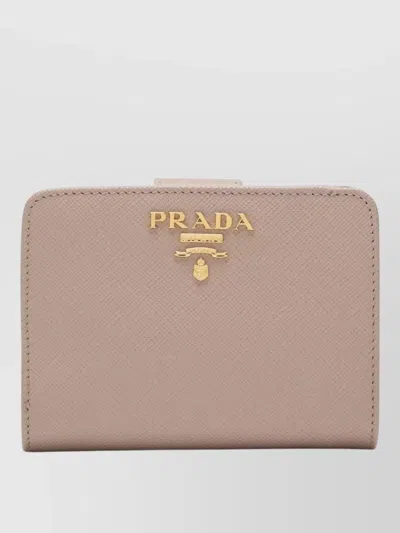 Prada Logo Compact Wallet Cardholder Snap Button In Brown