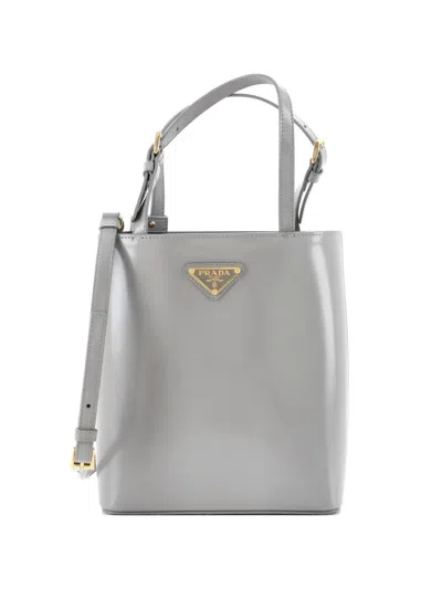 Pre-owned Prada Logo Convertible Brushed Leather Tote Bag In Gray