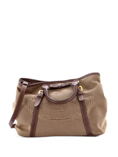 Pre-owned Prada Logo Convertible Canvas With Leather Medium Tote Bag In Brown