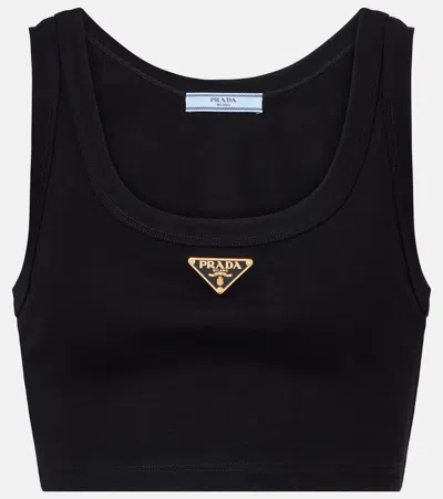 Prada Logo Cotton Crop Top In Black