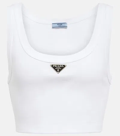Prada Logo Cotton Jersey Crop Top In White