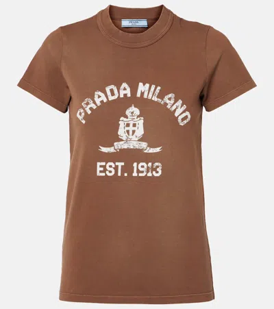 Prada Logo Cotton Jersey T-shirt In Braun