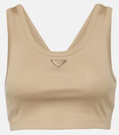 Prada Logo Cotton Jersey Tank Top In Neutrals