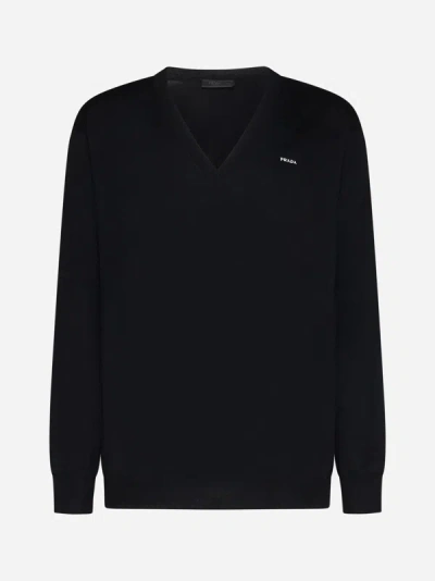 Prada Logo Cotton Sweater In Black